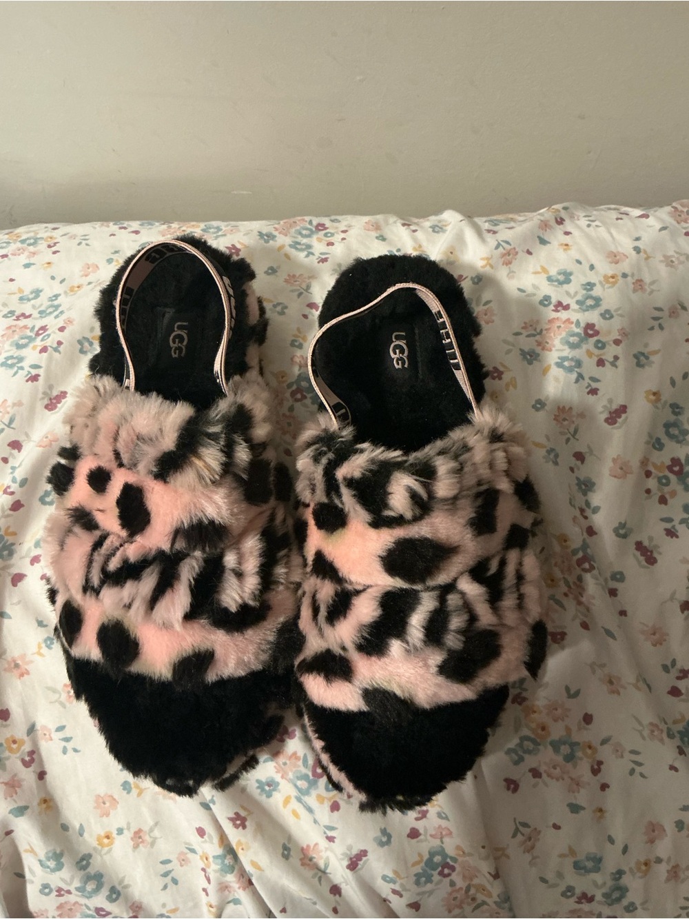 UGG Pink and Black Leopard Faux Fur Slide Slippers